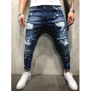 Heren Jeans Regular Fit Print Gebroken Gat Enkel Rits Skinny Jeans Voor De Zomer Mode Hip Hop Blauw Stretch jeans
