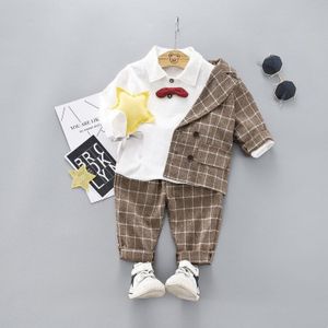 Jongens Plaid Engeland Pak Set Formele Kinderen Lange Mouw Blazer Broek T-shirts 3 Stuks Kleding Sets Kids Wedding Party Kostuum