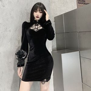 Black Gothic Lolita Lange Mouw Mini Jurk Vrouwen Bodycon Streetwear Vrouwelijke Jurk Elegent Vintage Party Dress