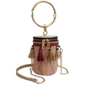 Vrouwen Folk Emmer Cilindrische Stro Geweven Handtassen Etnische Vat Kwasten Chain Rits Schouder Crossbody Tas Strandtas