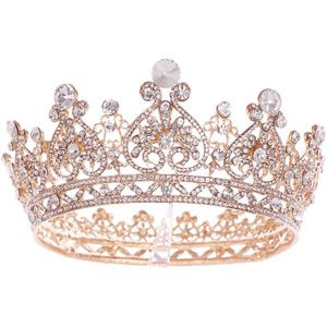 Goud Kleur Grote Ronde Kronen Barokke Tiara Kroon Crystal Heart Wedding Haar Accessoires Koningin Prinses Diadeem Bridal Ornamenten