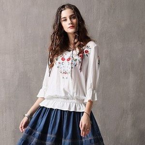 Mode Vrouw Blouses Yuzi. kan Boho Katoenen Blusas O-hals Flare Mouw Bloem Borduren vrouwen Wit Overhemd B9260