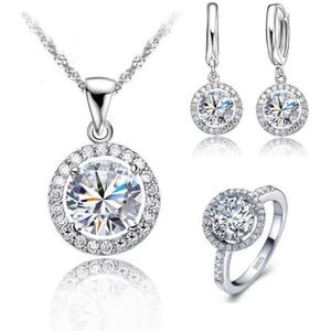 Exquisite Vrouwen Bruiloft Ketting Earring Ring Sieraden Set 925 Sterling Silver Anniversary Zirkoon Crystal Bijoux Sets