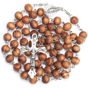 Handgemaakte Ronde Bead Katholieke Rozenkrans Kruis Religieuze Hout Kralen Ketting