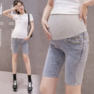 Jeans Hoge Taille Buik Slim Stretch Shorts Lichtblauw Denim Capri-Broek Moederschap Kleding Zwangere Vrouwen 1098