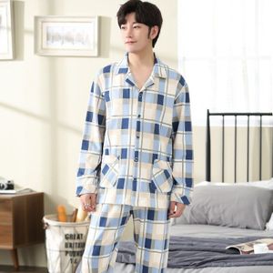 Winter 100% Katoenen Pyjama Mannen Lounge Nachtkleding Blauw Plaid Pijama Man Warme Nachthemd Thuis Kleren Pj Pure Pijama Hombre invierno