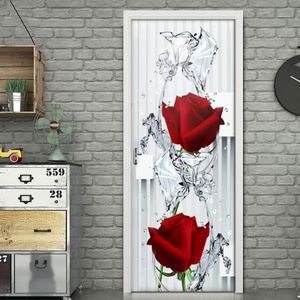 3D Moderne Rose Water Druppels Deur Stickers Muurschildering PVC zelfklevend Behang Poster Woonkamer Slaapkamer Deur decor Decals