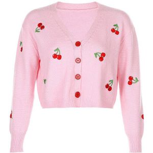 V-hals Lange Mouwen Gebreide Vest Trui Vrouwen Herfst Streetwear Truien Preppy Stijl Roze Wit Cherry Trui Blouse