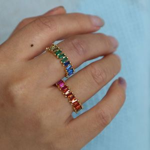 Dunne Baguette T Ring Brand Engagement Handgemaakte Regenboog Steen Ringen Voor Vrouwen Mode Vinger Gold Filled Kleurrijke Elegance Ring