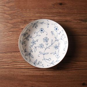 Made in Japan Zakka Stijl Thuis Servies Gerechten & Platen Keramische Porselein Onder Geglazuurde Plant Gedrukt Ronde Schotel Dessertbord
