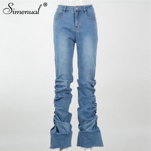 Simenual Vrouwen Denim Gestapeld Jeans Hoge Taille Streetwear Mode Boot Cut Broek Ruches Skinny Blauw Bodycon Casual Lange Broek