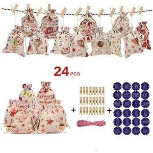 24 Decoratieve Kleine Doek Zakken Opknoping Advent Kalender Kerst Katoen Linnen Tas Set Christmas Bag