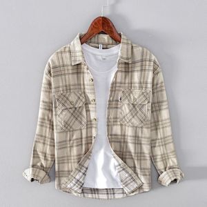 L897 Fall Winter Corduroy Katoen Plaid Dubbele Zakken Lange Mouwen Voor Mannen Vintage Casual Comfortabele Revers Tops Mannelijke