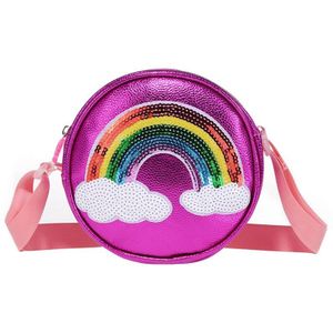 Kids Schoudertas Waterdichte Lederen Pack Verstelbare Riem Reizen Regenboog Gedrukt Grote Capaciteit Ronde Pockets Purse