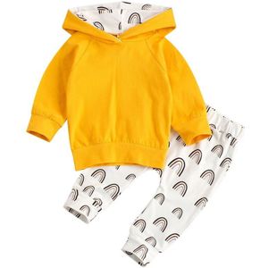 Pasgeboren Baby 2-Delige Outfit Set Lange Mouw Hoodie + Regenboog Print Broek Set Voor Kids Jongens Meisjes Lente herfst
