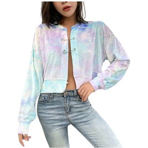 Vrouwen Kraag Tie-Dye Patchwork Lange Mouw Knoppen Jas Mode Outdoor Sportwear Jas Voor Vrouwelijke Herfst Kleding