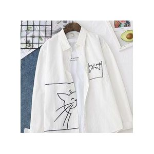 H. sa Vrouwen Lente Cartoon Blouses Pocket Kat Witte Blouse En Shirts Lange Mouwen Oversized Casual Blusa Tops Chic Kat shirts