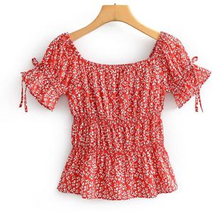 H. Sa Vrouwen Zomer Blouses Slash Hals Strik Mode Ruches Blusa En Shirts Korte Mouw Bloemenprint Blusa Off Shouler tops