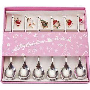 410 Roestvrij Stalen Lepel Servies Goud/Zilver Kleur Cartoon Kerst Mixed Enamel Keuken Gereedschap, 1 Set ( 6 Stks/set)