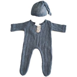 2 Stuks Pasgeboren Fotografie Props Pak Romper + Hoed Set Lange Mouw Jumpsuits Bodysuit Handgemaakte Knit Outfit Kleding Zuigelingen Douche