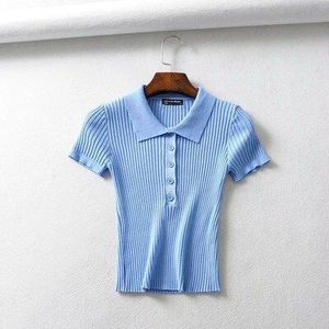 2022 Vrouwen En Casual Polo Plunge Hals Korte Mouwen Gebreide Shirt Crop Tops