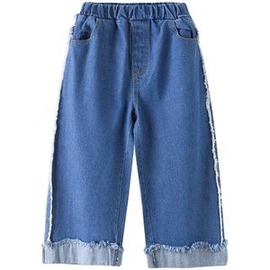 Meisjes Blauw Jeans Wijde Pijpen Broek Herfst Wassen Kwastje Broek kinderen Koreaanse Casual Mid Elastische Taille Denim jeans