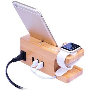 3-Port Usb Charger Voor Apple Horloge & Telefoon Organizer Stand,Cradle Houder, 15W 3A Desktop Bamboe Hout Laadstation Voor Iwatc