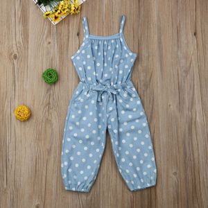 Gloednieuwe Baby Overalls Zuigelingen Meisje Golf Punt Lange Broek Afdrukken Broek Denim Pocket Dot Mouwloze Zomer Mode