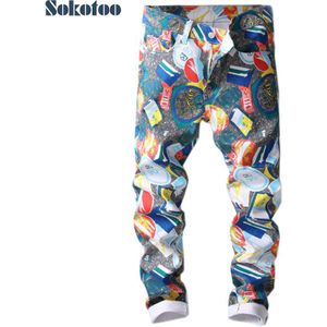 Sokotoo Mannen Gekleurde Patroon 3D Gedrukt Jeans Mode Slanke Skinny Geometrische Geschilderd Denim Broek
