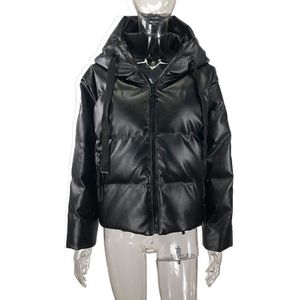 Rr Pu Lederen Parka Vrouwen Mode Hooded Faux Lederen Jassen Vrouwen Elegante Rits Katoen Jassen Vrouwelijke Dames Het