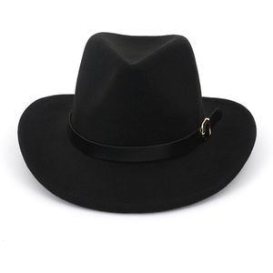 Europese Ons Brede Rand Cowboy Vilten Hoed Panama Trilby Jazz Fedora Hoeden Met Lederen Gesp Vlakte Wollen Chapeau Voor Mannen vrouwen