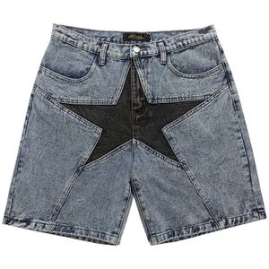 High Street Retro Patchowork Sterren Borduurwerk Jeans Shorts Heren Ripped Straight Oversize Casual Zomer Denim Vijf Punt Broek