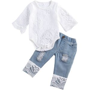 Kids Baby Meisjes &#39;Lange Mouwen Kant Romper Pak, driehoek Kruis Ronde Hals Lace Top Met Lange Jeans Patchwork Broek, 2 Stuks