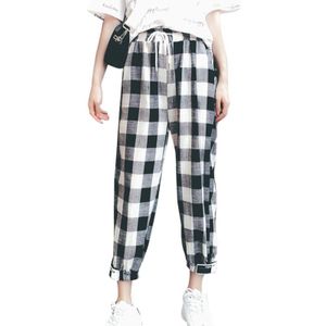 Koreaanse Stijl Vrouwen Mid Taille Straight Plaid Print Enkellange Broek Polyester vadim harajuku pantalon femme befree