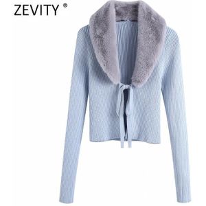 Zevity Vrouwen Faux Fur V-hals Patchwork Lace Up Vest Breien Trui Vrouwelijke Chic Lange Mouw Open Slim tops S432