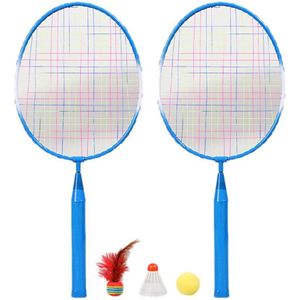 2 Spelers Badminton Racket Bal, draagbare Gekleurde Plaid Duurzaam Nylon Legering Badminton Racket 3 Ballen Voor Kinderen Training (Blu