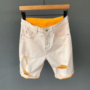 Mode Mannen Kleur Kaki Oranje Stretch Denim Shorts Zomer Dunne Ripped Biker Jeans Korte Mannelijke Bermuda Kleding