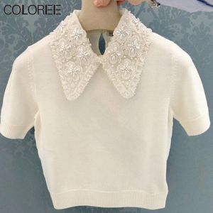 Koreaanse Mode Witte Kralen Top Vrouwen Zomer Toevallige Korte Mouwen Trui Vrouwen Gebreide Trui Femme