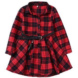 Meisjes Blouse En Najaar Katoen Shirts Losse Casual Plaid Mode Volledige Mouw Uitloper Riem Shirt Jurk Rood En Zwart