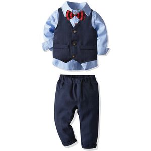 4 Stks/set Baby Jongens Pakken Blauw Gestreepte Shirt Voor Kinderen Jongen Bovenkleding Voor Bruiloft Kinderen Formele Party Kleding Kinderen Pak kleding