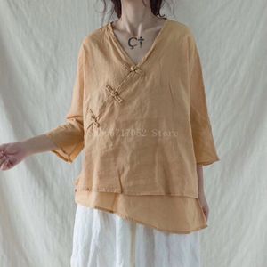 Retro Traditionele Chinese Kleding Voor Vrouwen Linnen Shirts V-hals Vintage Losse Dubbele Laag Elegante Hanfu Chinese Stijl Tops