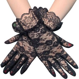 Vrouwen Vintage Zonnebrandcrème Korte Handschoenen Sheer Floral Lace Jacquard Ruches Wanten