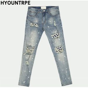 High Street Vernietigd Jeans Heren Knie Gat Patchwork Plaid Ripped Slim Biker Jeans Hip Hop Rits Broek Joggers