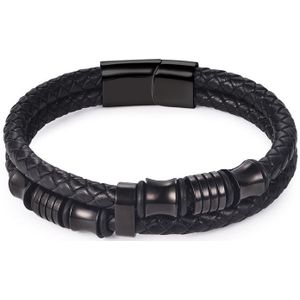 Jiayiqi Zwart Touw Ketting Lederen Armband Voor Mannen Sieraden Rvs Magnetische Sluiting Vintage Mannelijke Bangle 18/20/22Cm