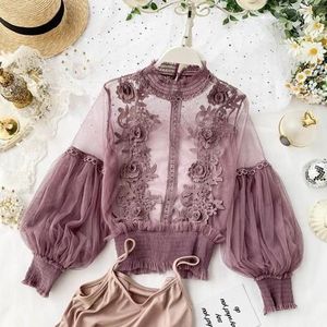 Lente Vrouwen Tops Sexy Sheer Lace Blouse Lantaarn Mouwen 3D Bloemen Blouses Shirts Elegante Top Blusas Femininas