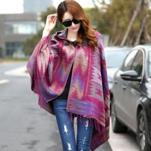 Vrouwen Bohemen Stijlvolle etnische gedrukt Hoodie Cape Poncho Acryl Wollen Sjaal Sjaal Mode Meisjes Trui Fringe Hooded Wraps #30