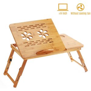 Opvouwbare Bamboe Laptop Desk Stand Ontbijt Serveren Bed Lade Tafel Hoogte Verstelbare Met 4 Hoeken Kantelen Top Lade