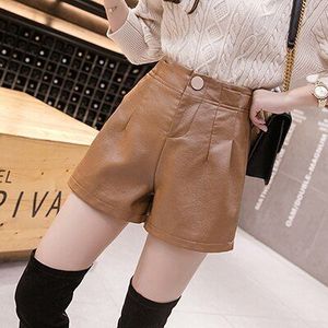 Ljsxls Koreaanse Mode Brede Been Lederen Shorts Vrouwen Herfst Winter Solid Pu Leather Casual Hoge Taille Slanke Vrouw Shorts