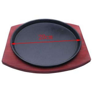 Ronde Gietijzeren Roosteren Steak Pan Tray Gebraden Emaille Gebakken Pot Plaat Koekenpan Houten Base Houder Kookgerei Grill Bakken plaat