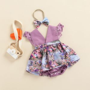 Citgeett Zomer Pasen Baby Baby Meisjes Pak Konijn Bloemenprint Flying Mouwen V-hals Jurk Stijl Bodysuit + Hoofdband Kleding